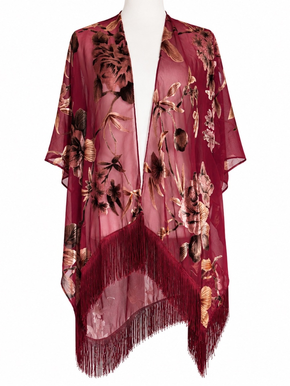 Roffe Burgundy Floral Chiffon Velvet Burnout Fringe Kimono os